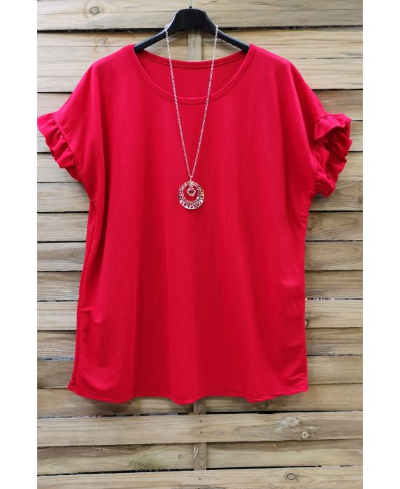 GRANDE TAILLE T-SHIRT MANCHES FROUFROUS + COLLIER 0612 ROUGE