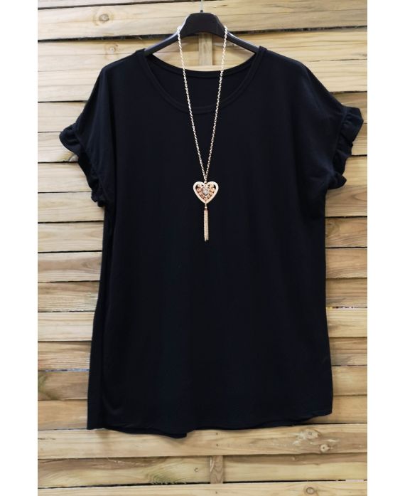 GRANDE TAILLE T-SHIRT MANCHES FROUFROUS + COLLIER 0612 NOIR