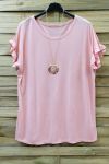 GRAN TAMAÑO DE LA CAMISETA CORTA CON VOLANTES + COLLAR 0612 ROSA