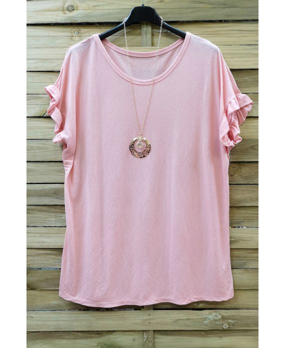 GRAN TAMAÑO DE LA CAMISETA CORTA CON VOLANTES + COLLAR 0612 ROSA