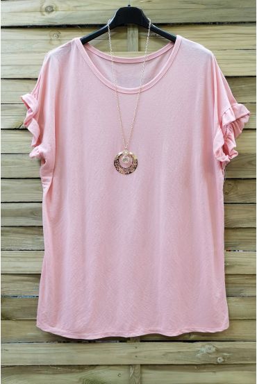 GRAN TAMAÑO DE LA CAMISETA CORTA CON VOLANTES + COLLAR 0612 ROSA