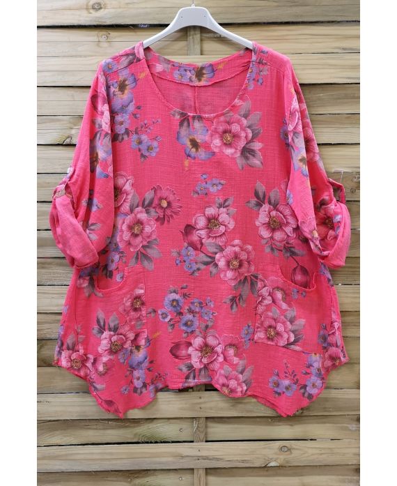 LARGE SIZE TUNIC FLOWER EFFECT LIN 0623 CORAL