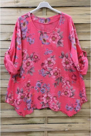 LARGE SIZE TUNIC FLOWER EFFECT LIN 0623 CORAL