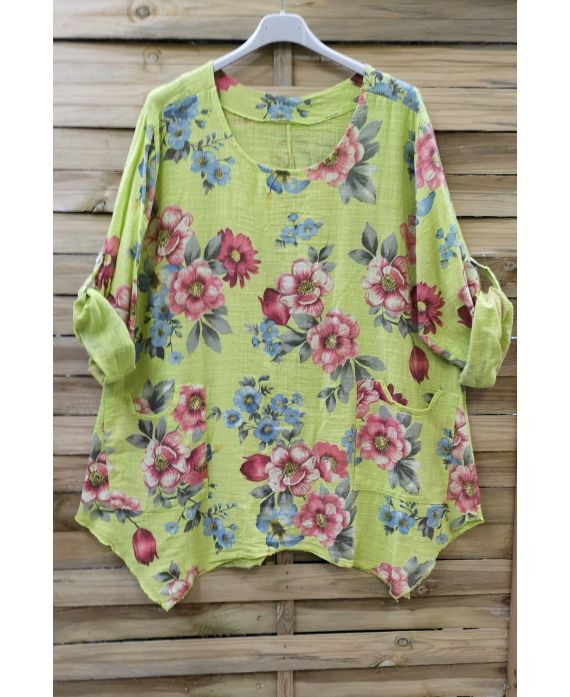 LARGE SIZE TUNIC FLOWER EFFECT LIN 0623 GREEN ANISE