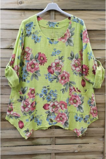 LARGE SIZE TUNIC FLOWER EFFECT LIN 0623 GREEN ANISE