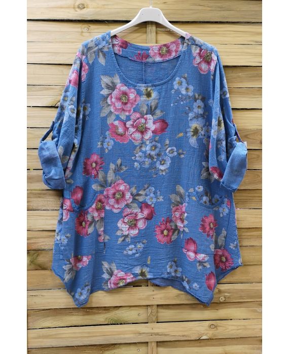 LARGE SIZE TUNIC FLOWER EFFECT LIN 0623 BLUE