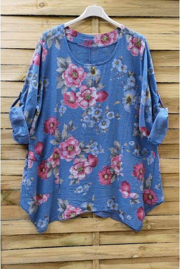 LARGE SIZE TUNIC FLOWER EFFECT LIN 0623 BLUE