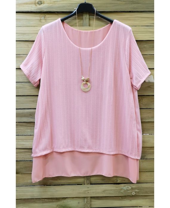 GRANDE TAILLE TUNIQUE SUPERPOSEE + COLLIER 0616 ROSE