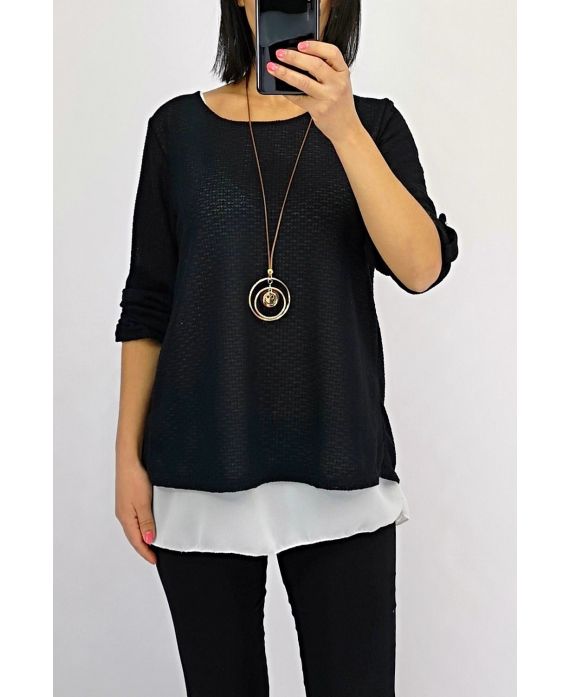 T-SHIRT WITH OVERLAPPED OPEN BACK + NECKLACE 0559 BLACK