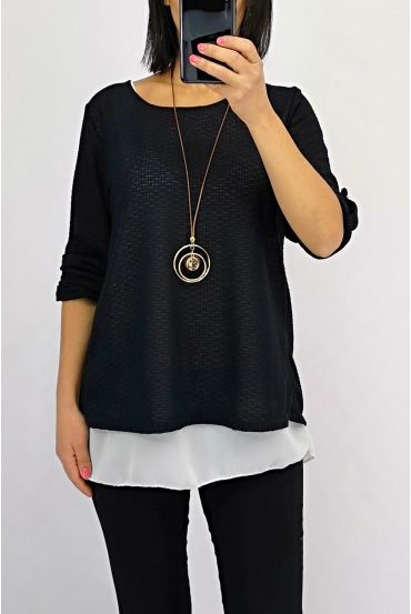 T-SHIRT WITH OVERLAPPED OPEN BACK + NECKLACE 0559 BLACK