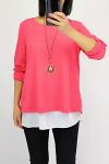 T-SHIRT MET OVERLAPPENDE OPEN RUG + KETTING 0559 KORAAL