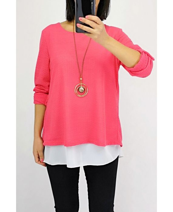 T-SHIRT MET OVERLAPPENDE OPEN RUG + KETTING 0559 KORAAL