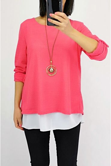 T-SHIRT MET OVERLAPPENDE OPEN RUG + KETTING 0559 KORAAL