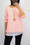 T-SHIRT MET OVERLAPPENDE OPEN RUG + KETTING 0559 ROZE