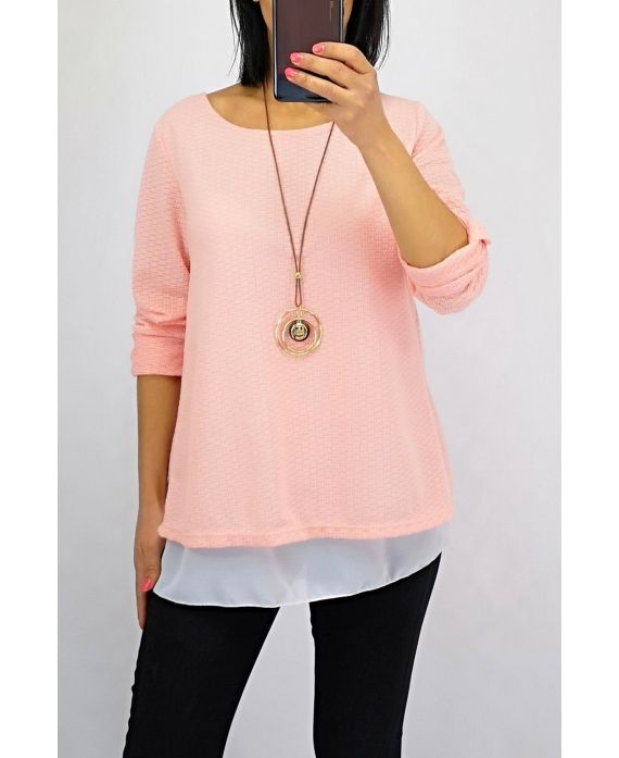 T-SHIRT WITH OVERLAPPED OPEN BACK + NECKLACE 0559 PINK