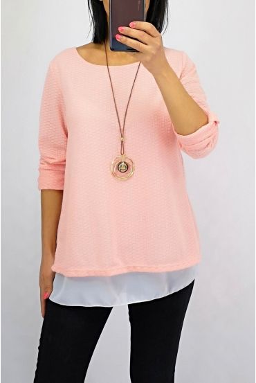 T-SHIRT WITH OVERLAPPED OPEN BACK + NECKLACE 0559 PINK