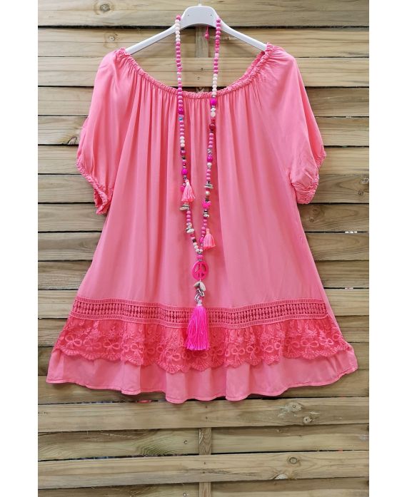 LARGE SIZE TUNIC NECKLINE ELASTIQUEE LACE 0647 CORAL