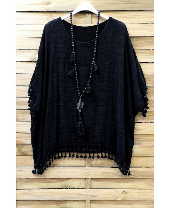 TUNIC OVERSIZE HAS FRINGES 0671 BLACK