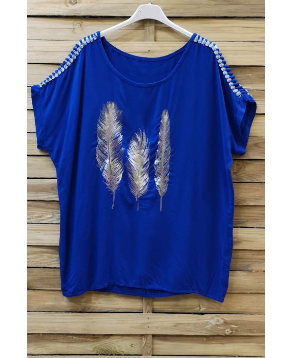 T-SHIRT FLOCAGE PLUMES EPAULES FANTAISIE 0664 BLEU ROYAL