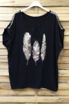 T-SHIRT FLOCKING FEATHERED SHOULDERS FANTASY 0664 BLACK