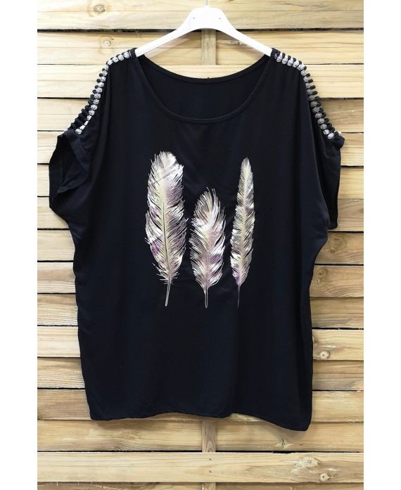 T-SHIRT FLOCAGE PLUMES EPAULES FANTAISIE 0664 NOIR