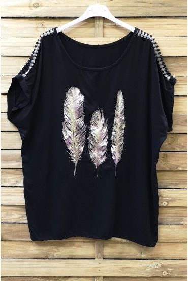 T-SHIRT FLOCAGE PLUMES EPAULES FANTAISIE 0664 NOIR