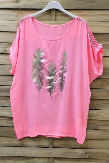 T-SHIRT FLOCAGE PLUMES EPAULES FANTAISIE 0664 ORANGE FLUO