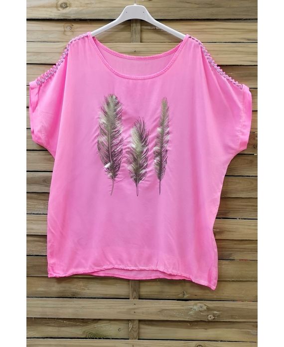 T-SHIRT FLOCAGE PLUMES EPAULES FANTAISIE 0664 ROSE FLUO