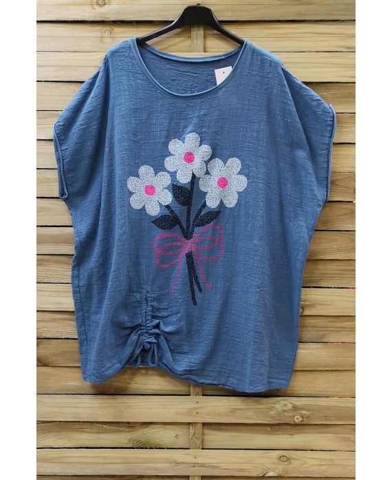 LARGE SIZE T-SHIRT FLOWERS 0700 BLUE