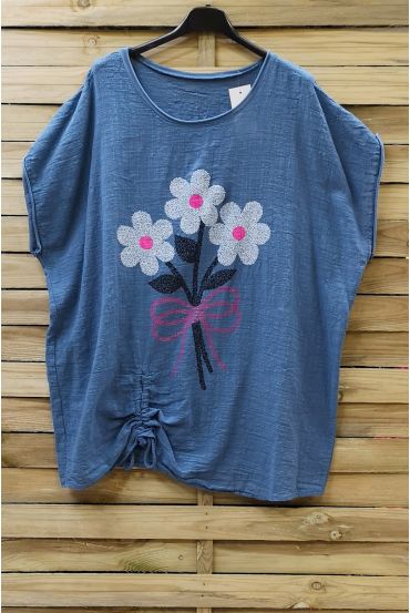 LARGE SIZE T-SHIRT FLOWERS 0700 BLUE