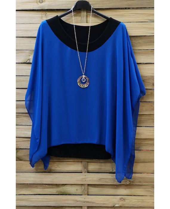 GRANDE TAILLE TUNIQUE SUPERPOSEE + COLLIER 0722 BLEU ROYAL