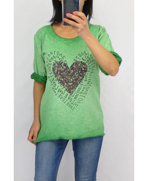 T-SHIRT CŒUR EFFET DELAVE 0728 VERT