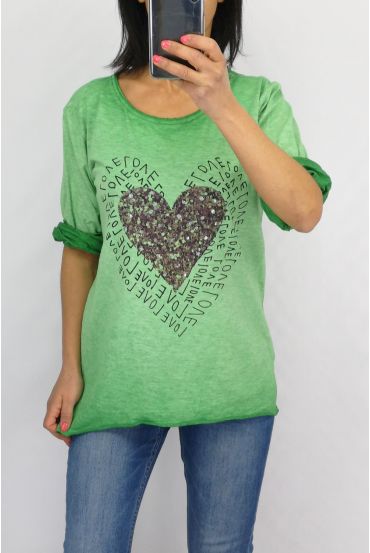 T-SHIRT CŒUR EFFET DELAVE 0728 VERT