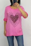 T-SHIRT CŒUR EFFET DELAVE 0728 ROSE