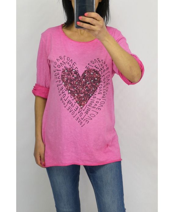 T-SHIRT CŒUR EFFET DELAVE 0728 ROSE