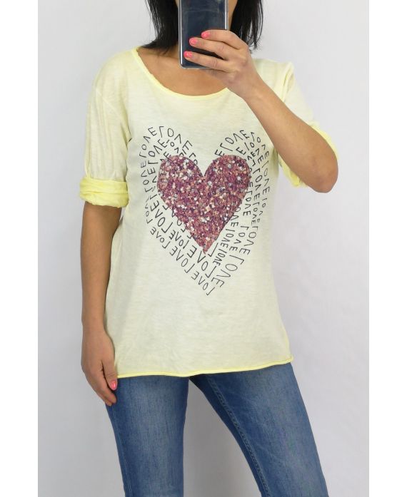 T-SHIRT CŒUR 0728 EFFET DELAVE JAUNE