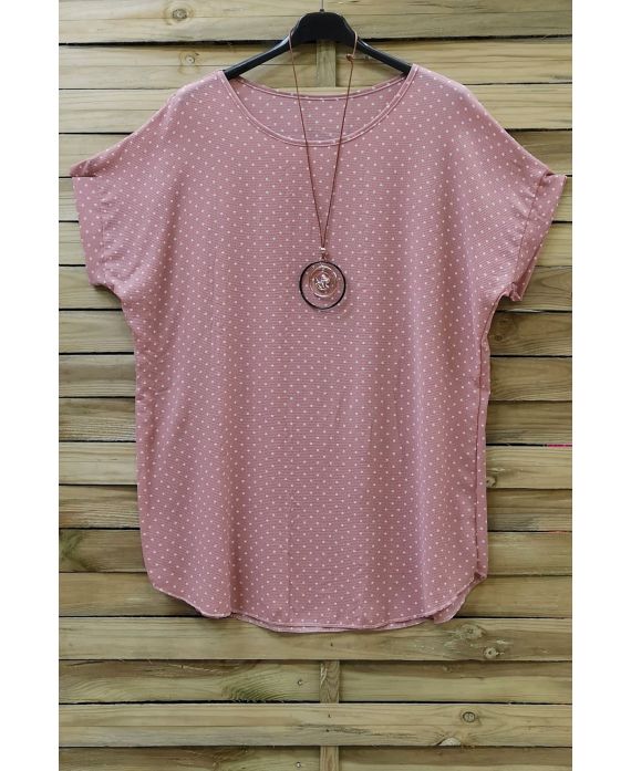 GRANDE TAILLE TOP A POIS + COLLIER 0719 ROSE