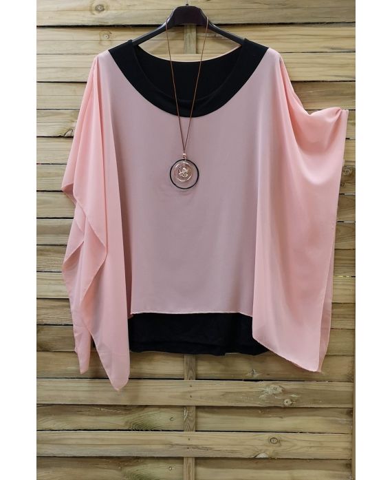 GRANDE TAILLE TUNIQUE SUPERPOSEE + COLLIER 0722 ROSE