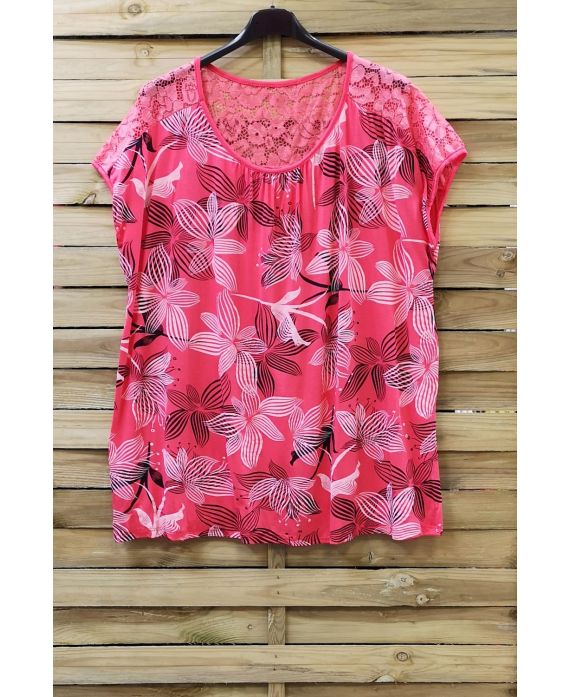 LARGE SIZE T-SHIRT PRINTS LACE 0788 CORAL