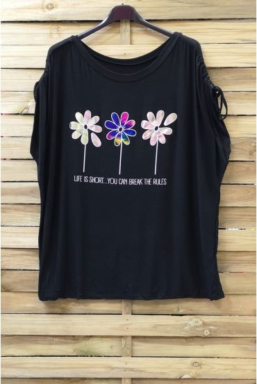 LARGE SIZE T-SHIRT FLOAGE FLOWERS 0787 BLACK