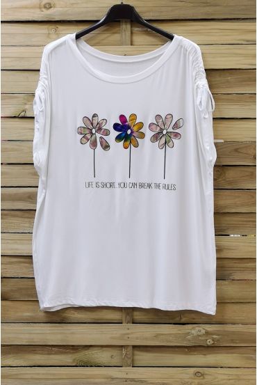 LARGE SIZE T-SHIRT FLOAGE FLOWERS 0787 WHITE