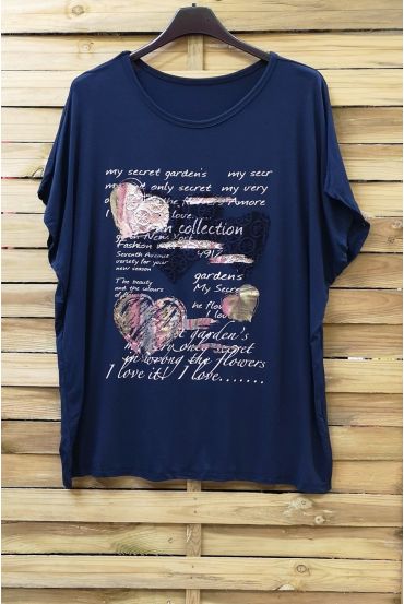 LARGE SIZE T-SHIRT FLOCKING LACE 0784 NAVY BLUE