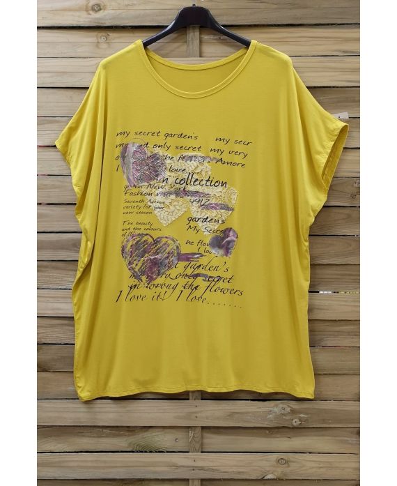 DI GRANDI DIMENSIONI T-SHIRT FLOCCAGGIO IN PIZZO 0784 GIALLO