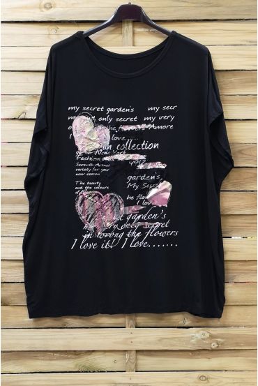 LARGE SIZE T-SHIRT FLOCKING LACE 0784 BLACK