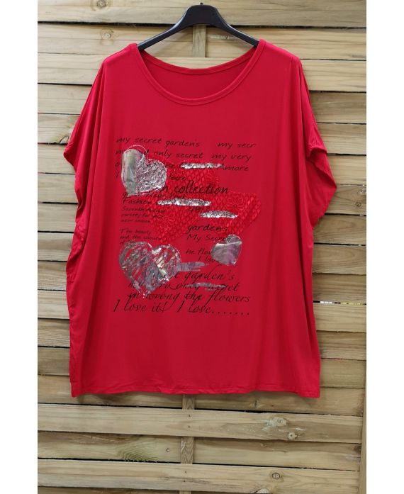 DI GRANDI DIMENSIONI T-SHIRT FLOCCAGGIO IN PIZZO 0784 ROSSO