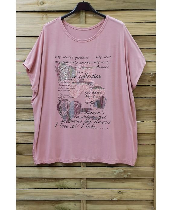 GRANDE TAILLE T-SHIRT FLOCAGE DENTELLE 0784 ROSE