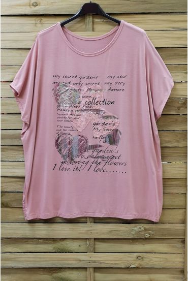 GRANDE TAILLE T-SHIRT FLOCAGE DENTELLE 0784 ROSE