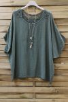 TOP IN LINO SCHIENA IN PIZZO + COLLANA 0773 VERDE MILITARE