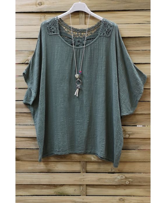 TOP LINEN BACK LACE + NECKLACE 0773 MILITARY GREEN