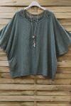 TOP IN LINO SCHIENA IN PIZZO + COLLANA 0773 VERDE MILITARE